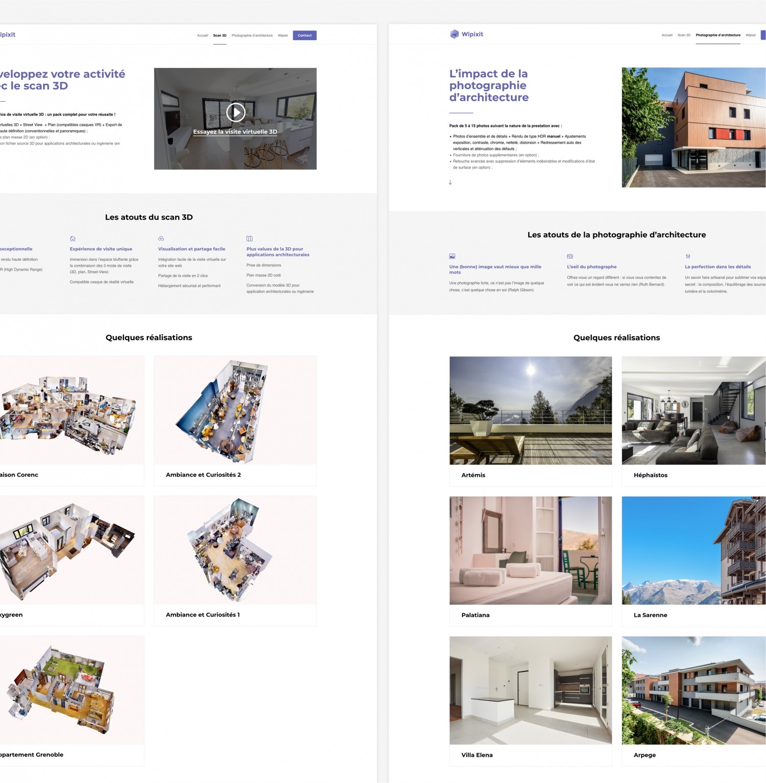 Les pages des deux services de Wipixit