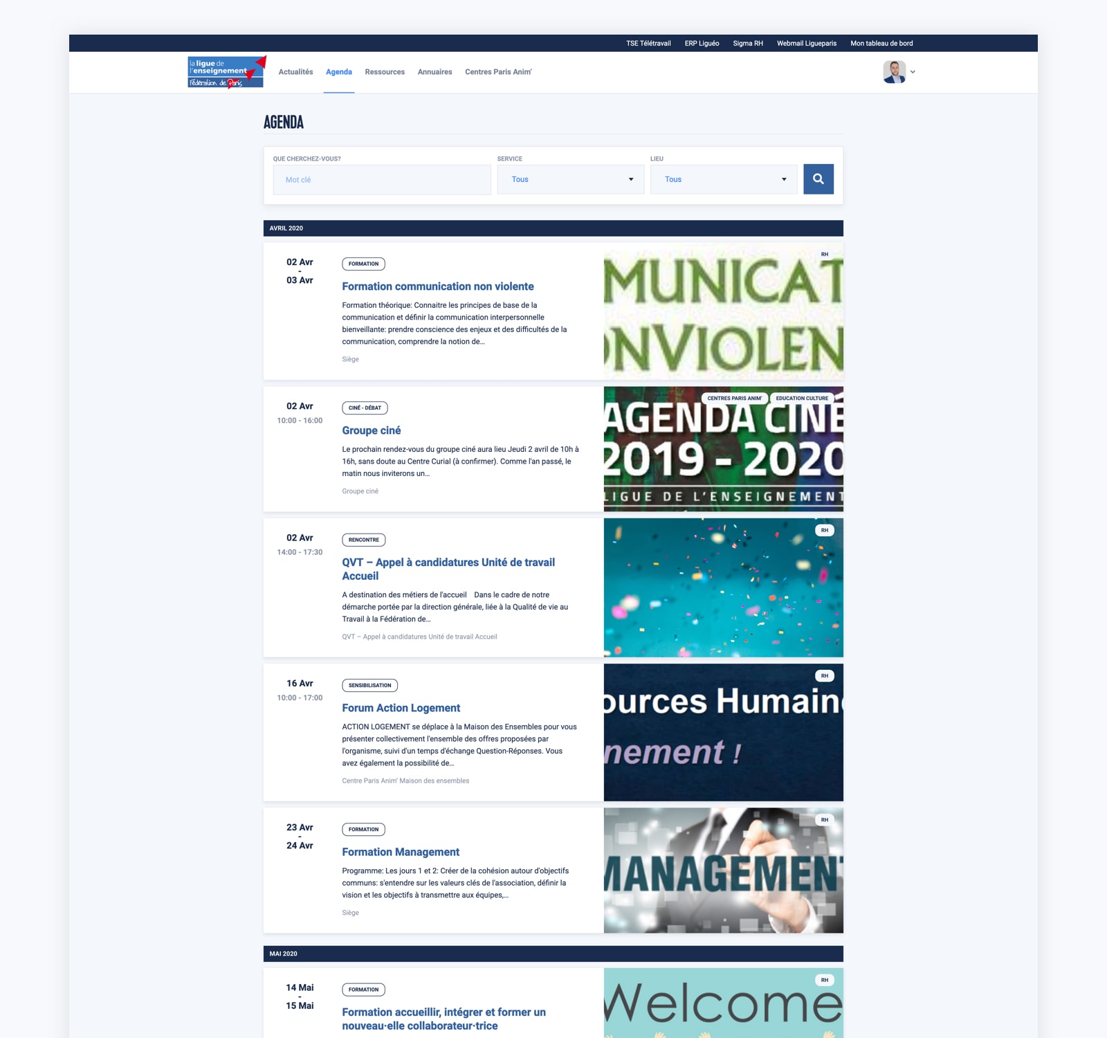 Page des événements sur l