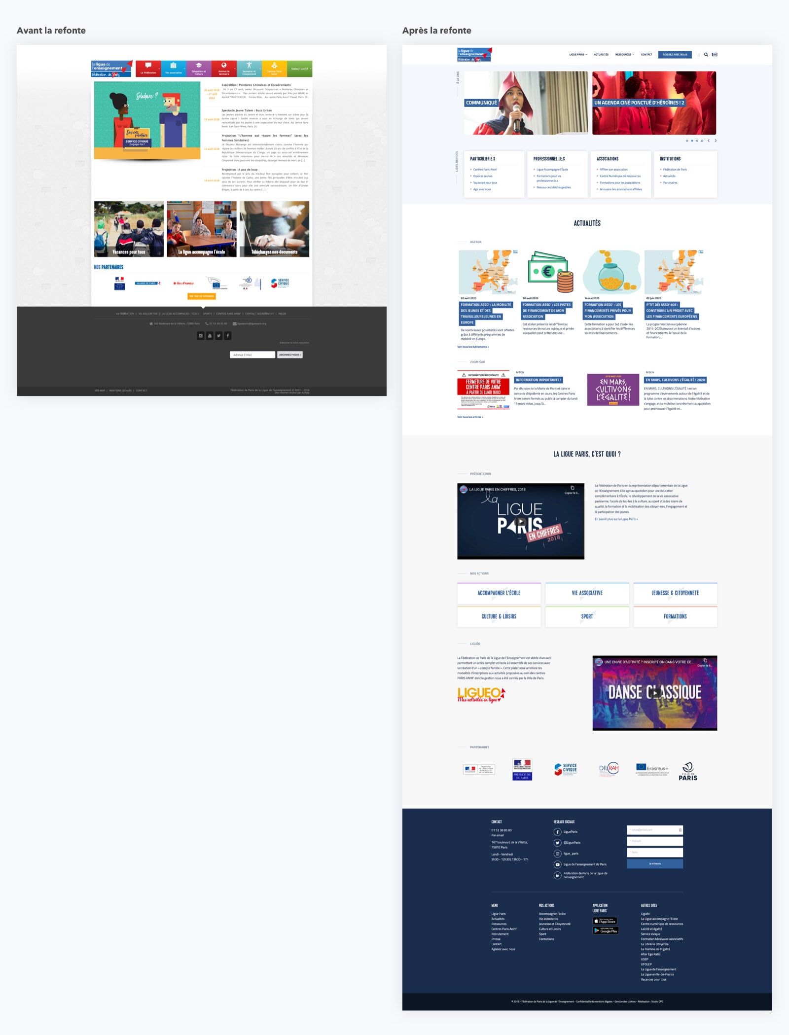 Avant / après - refonte du site WordPress de la Ligue Paris