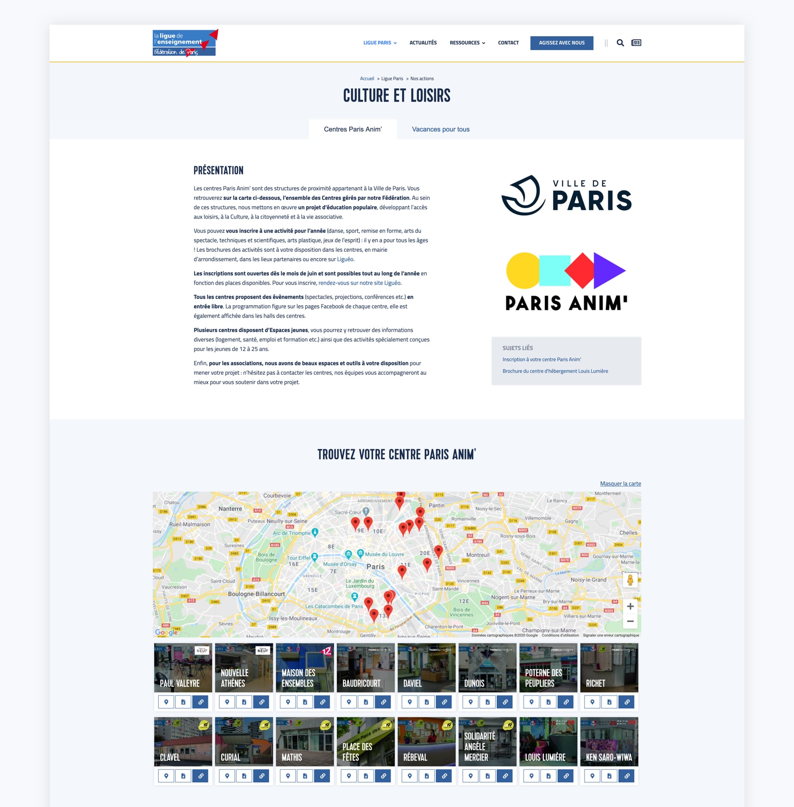 Les centres Paris Anim sur la refonte du site WordPress de la Ligue Paris
