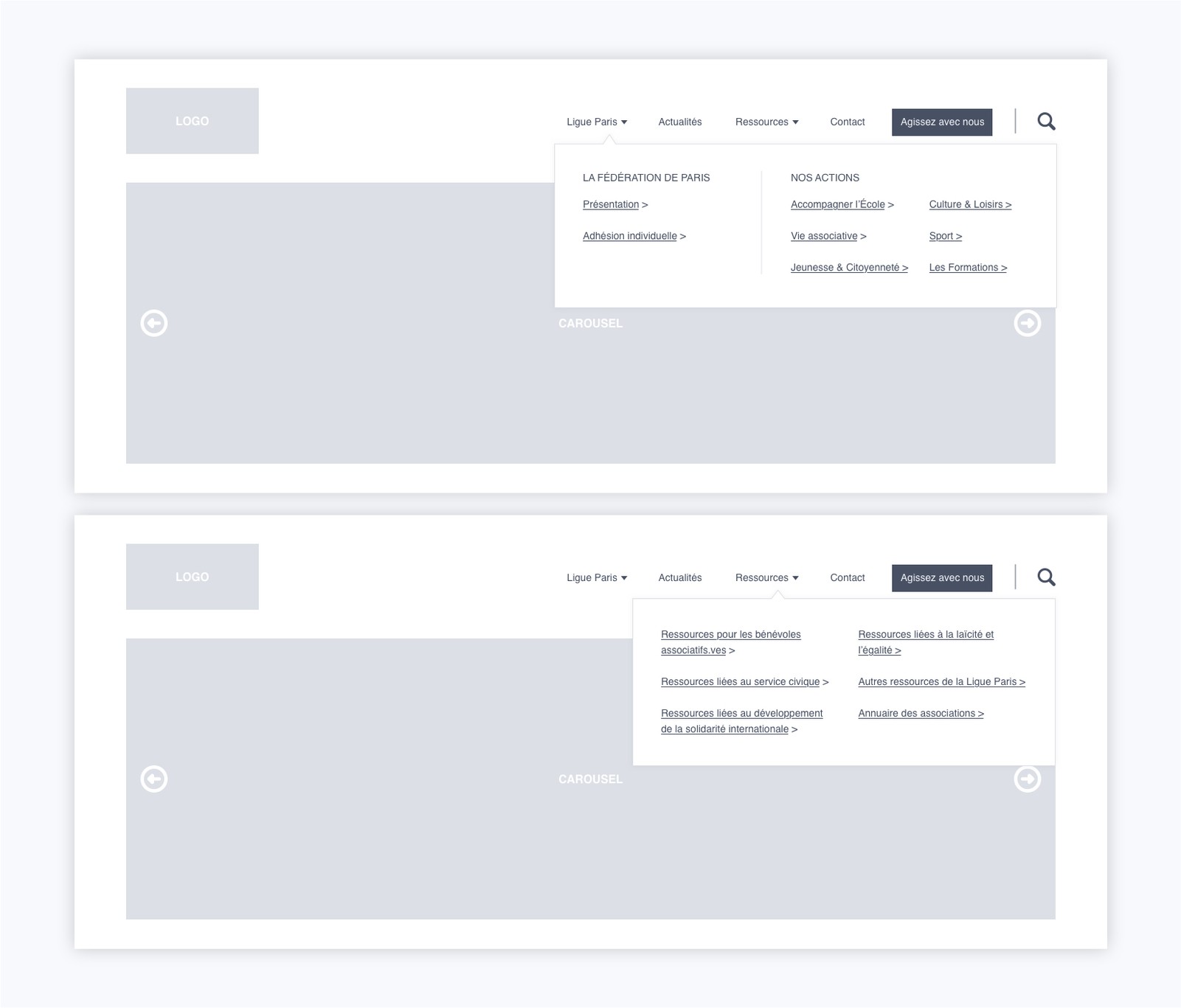 Wireframes de la navigation principale créés pour la refonte du site WordPress de la Ligue Paris
